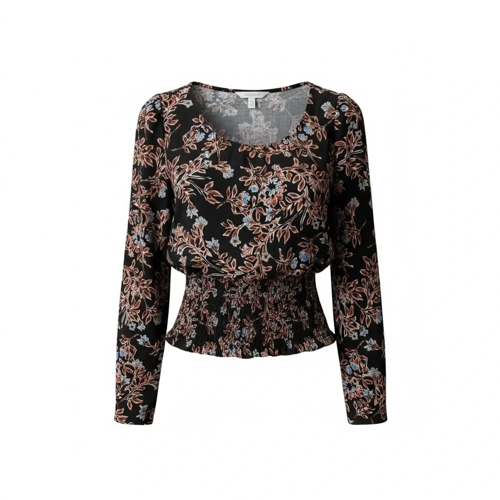 Free People Black and Pink Floral Blouse